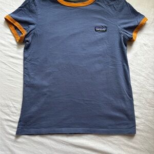 Patagonia Organic Cotton Blue Tee with Orange Trim